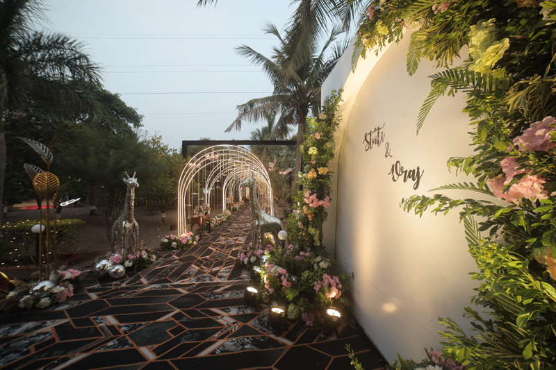 Premium banquet table arrangement under warm lighting
